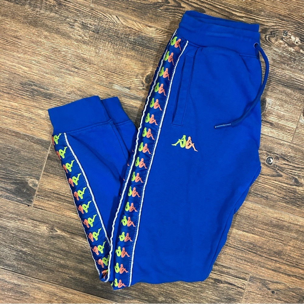 Kappa Blue Joggers with Rainbow Logo Tape – Size Small